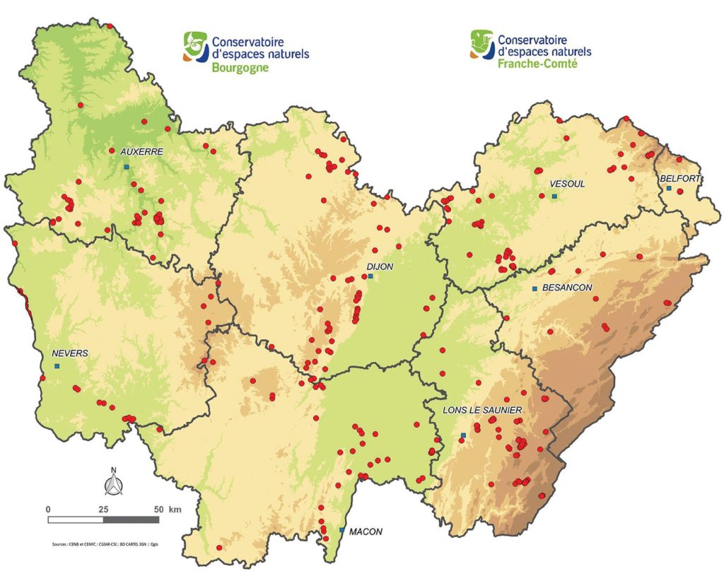 Carte des sites protégés par les Conservatoires de Bourgogne et de Franche-Comté 